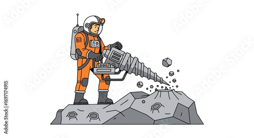 Cartoon astronaut mining on the moon, wearing an orange spacesuit and helmet. Suitable for science education, space exploration, and children's illustration projects.