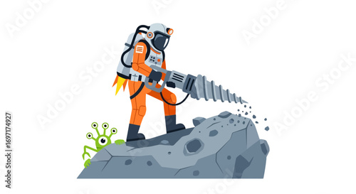 Cartoon astronaut drilling rock on an alien planet, ideal for illustrating space exploration, futuristic themes, or science fiction concepts.