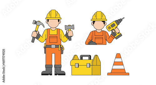 Cartoon illustration of construction workers with safety gear and tools, ideal for safety campaigns, construction education, or website design