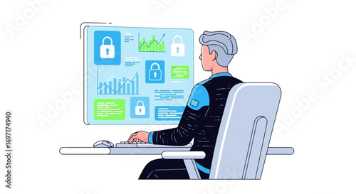 Illustration of a professional analyzing security data on a monitor in a digital workspace, ideal for cybersecurity presentations and technology articles.