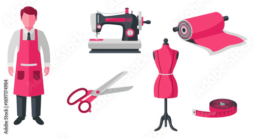 Illustrated sewing equipment and professional tailor, perfect for fashion design courses, tailoring tutorials, or promoting sewing-related businesses
