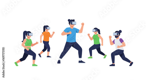 Group of people using virtual reality headsets for interactive fitness and gaming experience, showcasing the future of exercise and entertainment.