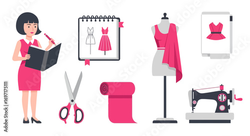 Fashion designer creating dress designs and working in her studio, suitable for showcasing fashion industry, design process, or creative occupation