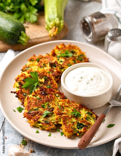 Zucchini fritters with a creamy dip
