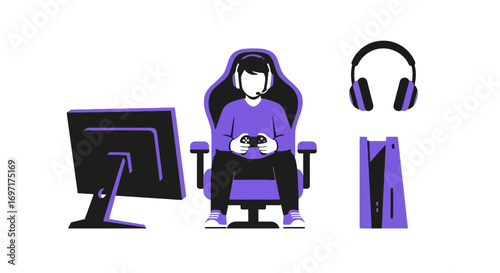 Illustrated video game setup showcasing a gamer in a gaming chair with console, headphones, and monitor. Ideal for e-sports marketing and related tech content.