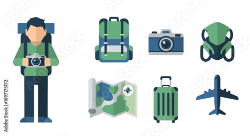 Minimalist travel icon set featuring a traveler with backpack, camera, map, suitcase, and airplane, ideal for travel agencies and tourism marketing
