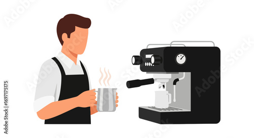 Minimalist illustration of a barista preparing coffee with an espresso machine, ideal for illustrating cafe culture, coffee preparation guides, or beverage-related content