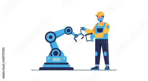 Robotic arm controlled by a worker in a factory setting showcasing automation and technology integration, suitable for illustrating Industry 4.0, robotics, and modern manufacturing