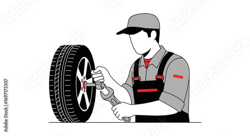 Automotive repair illustration featuring a mechanic changing a tire on a car. Suitable for automotive service promotions, maintenance guides, or educational materials.