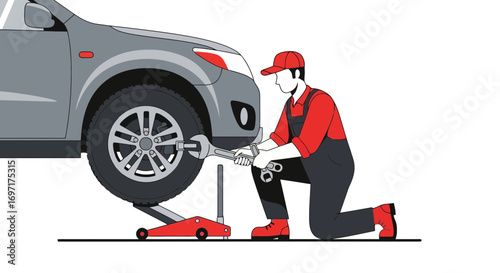 Automotive mechanic servicing a vehicle tire using a wrench, jack, and wearing work clothes illustration for repair service promotions.