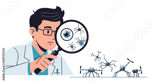 Scientist examines nanobots with magnifying glass, showcasing nanotechnology research and development for use in medical, engineering, and scientific illustrations.