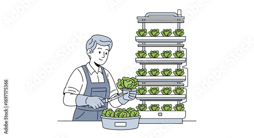 Illustration of a man harvesting leafy greens from a vertical hydroponic system for sustainable agriculture and urban farming initiatives