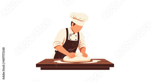 Professional baker kneading dough on a wooden table, ideal for illustrating baking recipes, culinary arts, or food preparation tutorials for educational and commercial use.