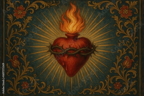Luminous Sacred Heart icon radiant gold filigree and crimson flames devotional art detailed halo ornate baroque style reverence spirituality and faith rich textures on deep midnight background