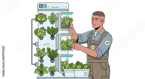 Innovative vertical farming system featuring a man harvesting fresh lettuce, ideal for promoting sustainable agriculture, modern food production, and agricultural technology