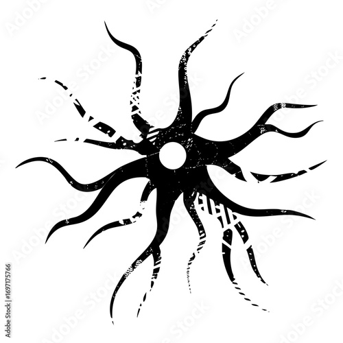 Vector Abstract black starburst with radiating spiky elements.