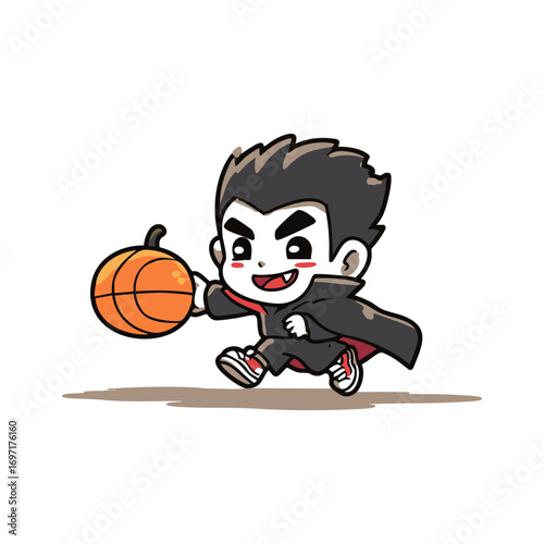 Cute Vampire Playing Basketball With Pumpkin Ball