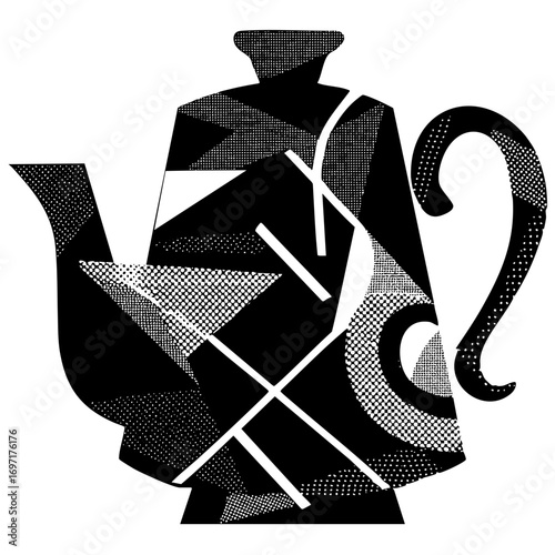 Vector Geometric teapot features bold shapes and halftone .