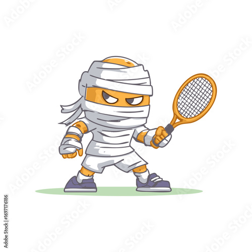 Cartoon Mummy Playing Tennis Halloween