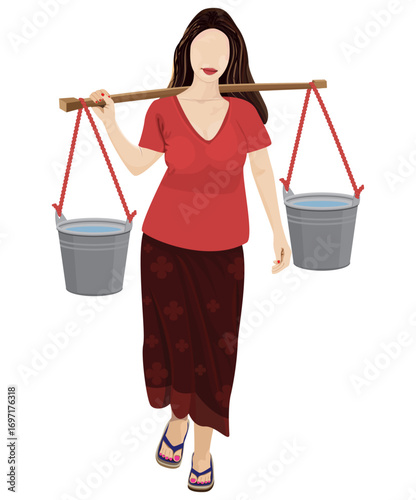 A young girl carrying a bucket of water on a shoulder pole,cartoon shape vector design