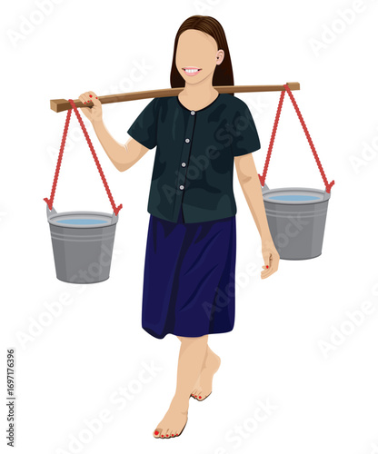 A young girl carrying a bucket of water on a shoulder pole,cartoon shape vector design