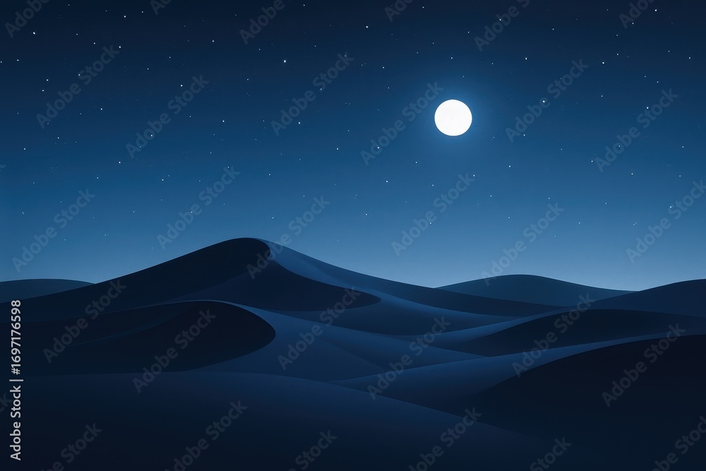Fototapeta premium Minimal night desert landscape with sculpted dunes under star studded gradient sky tranquil moonlit shadows serene meditative composition