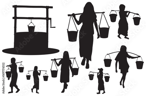 silhouette Cartoon figures of several rural girls carrying water vector design