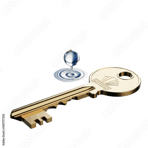 A golden key rests beside a water droplet creating ripples in a tranquil setting