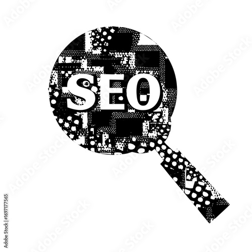 Vector Magnifying glass focuses on bold SEO typographic .