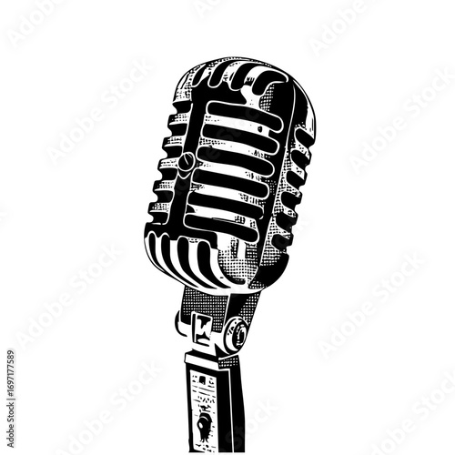 Vector Vintage microphone with detailed mesh and handle.