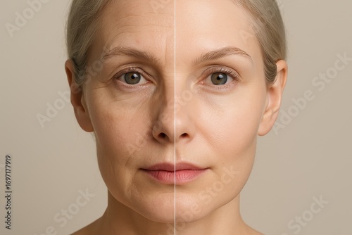 Beauty transformation concept split face portrait mature woman with improved radiant skin after rejuvenating treatment smooth texture youthful glow clean studio