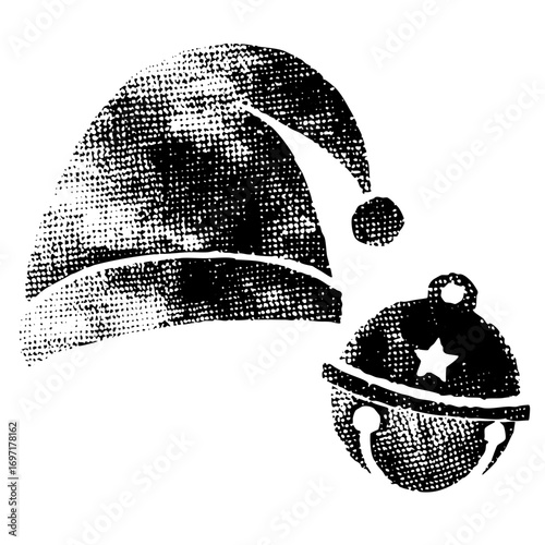 Vector Festive winter hat and jingle bell in dotted style.