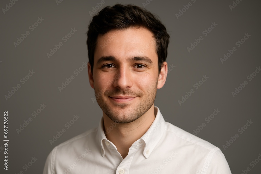 Obraz premium Confident young professional smiling studio headshot on neutral gray background with soft rim light approachable corporate portrait for branding and resumes