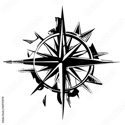 Vector Detailed black compass rose with ornate points.