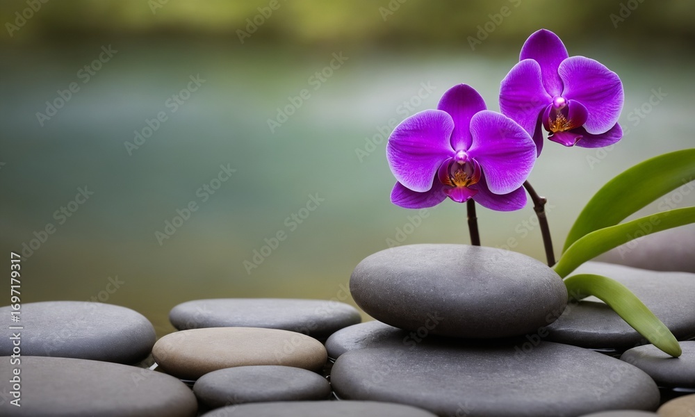Fototapeta premium Serene purple orchids rest on smooth stones in tranquil water promoting peace and wellness