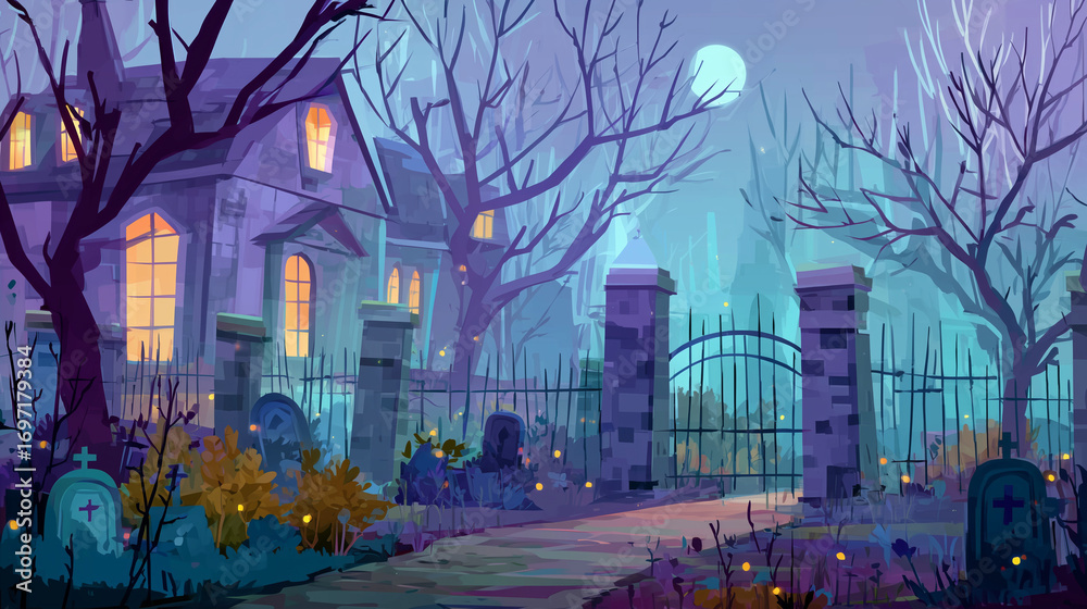 Fototapeta premium Spooky haunted mansion with graveyard and gate at night