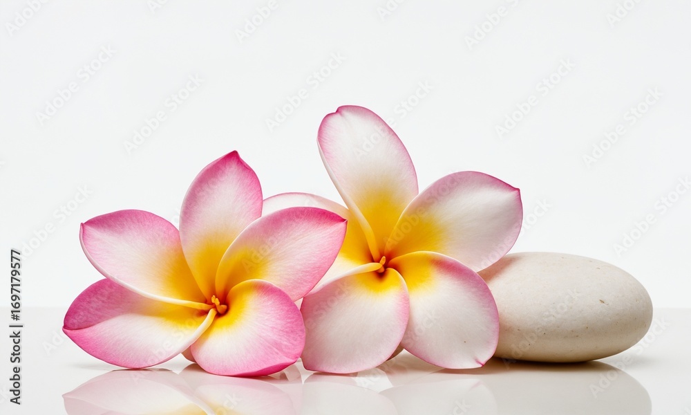 Fototapeta premium Serene pink plumeria flowers and smooth stones evoke tranquility and spa relaxation