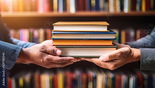 close up of hands passing a stack of books against a blurred bookshelf background symbolizing knowledge sharing and book exchange