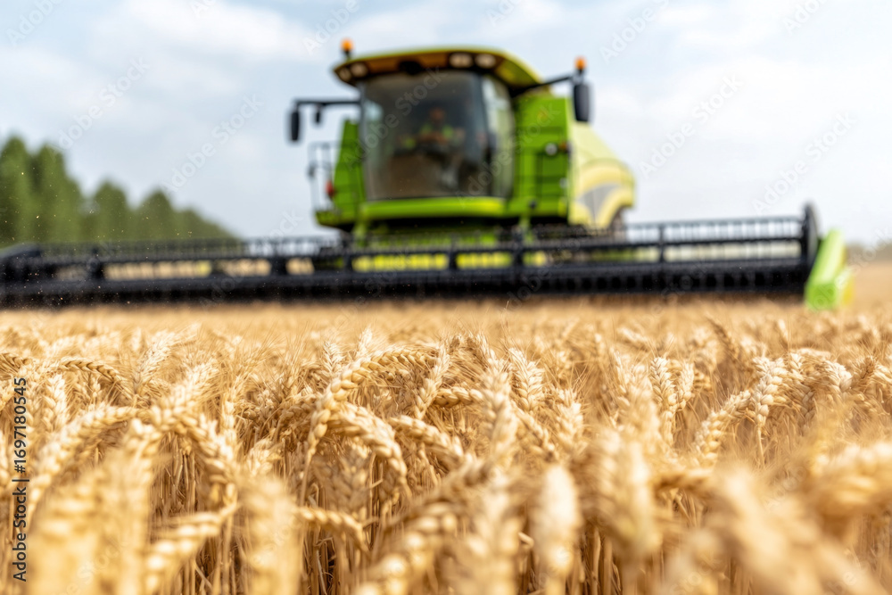 Fototapeta premium A green combine harvester moves through a sea of golden wheat under a bright sky, capturing the harvest moment and rural productivity with dynamic motion.