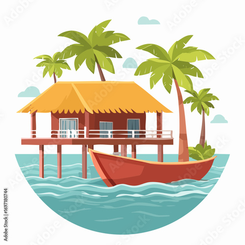 A cartoon illustration of a tropical overwater bungalow with palm trees and a red boat on the sea.
