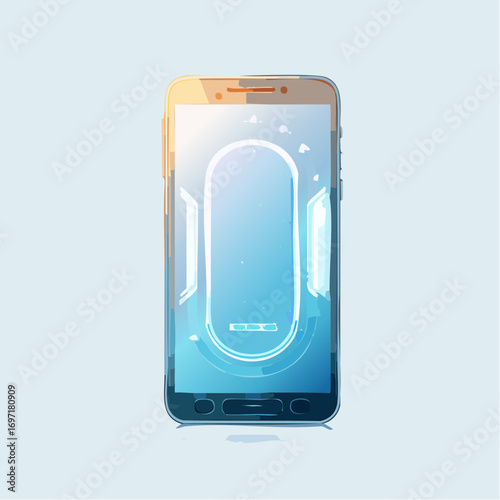 A modern smartphone displaying a glowing, futuristic blue holographic user interface on its screen.
