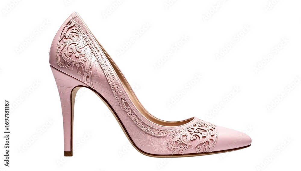 Fototapeta premium Pink High Heel Shoe with Embroidered Detail, Isolated on White Background