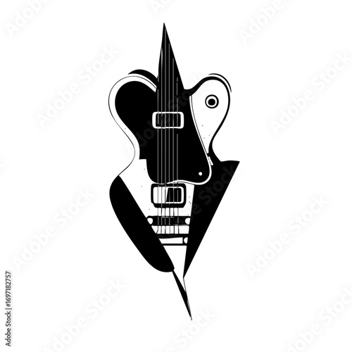 Vector Elegant guitar portrait combines musical instrument with a stylized face.