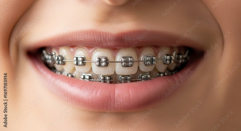 Obraz premium Close up of teeth with metal braces for dental care and orthodontic treatment for a perfect smile