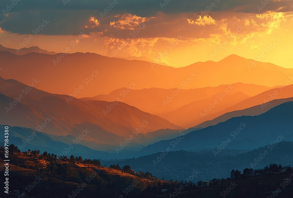 Obraz premium Layered Mountains Landscape Under Golden Sunset