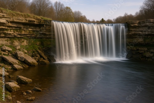 Estonian waterfall cascade with smooth silk water flow and natural rock formation textures
