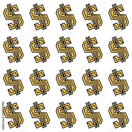 A seamless pattern of stylish gold dollar signs on a white background. Perfect for financial, business, and wealth designs, symbolizing prosperity and success.
