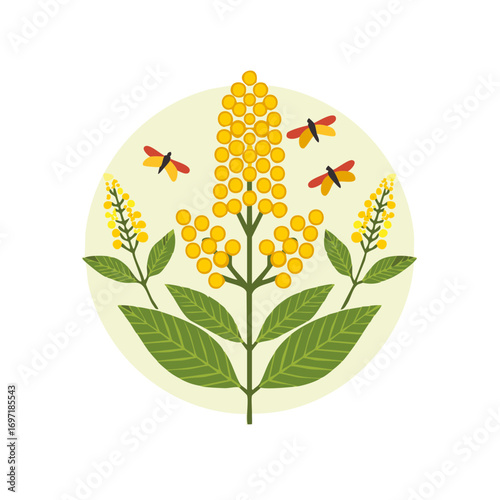 Mimosa Plant with Three Decorative Flying Insects on an Off-White Circular Background