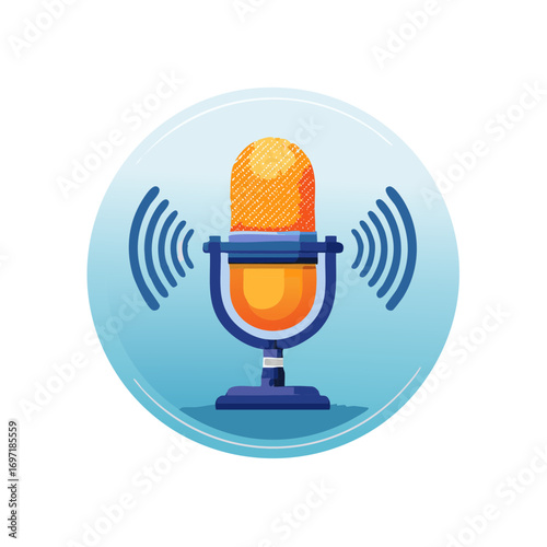 Vintage Microphone with Sound Waves Broadcasting Icon for Podcast and Audio Media