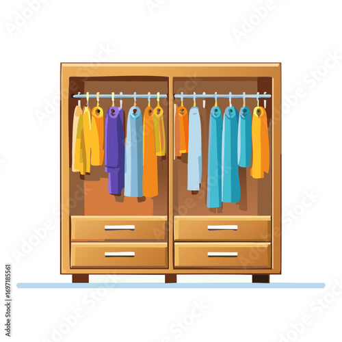 Neatly organized wooden wardrobe with vibrant hanging clothes and storage drawers